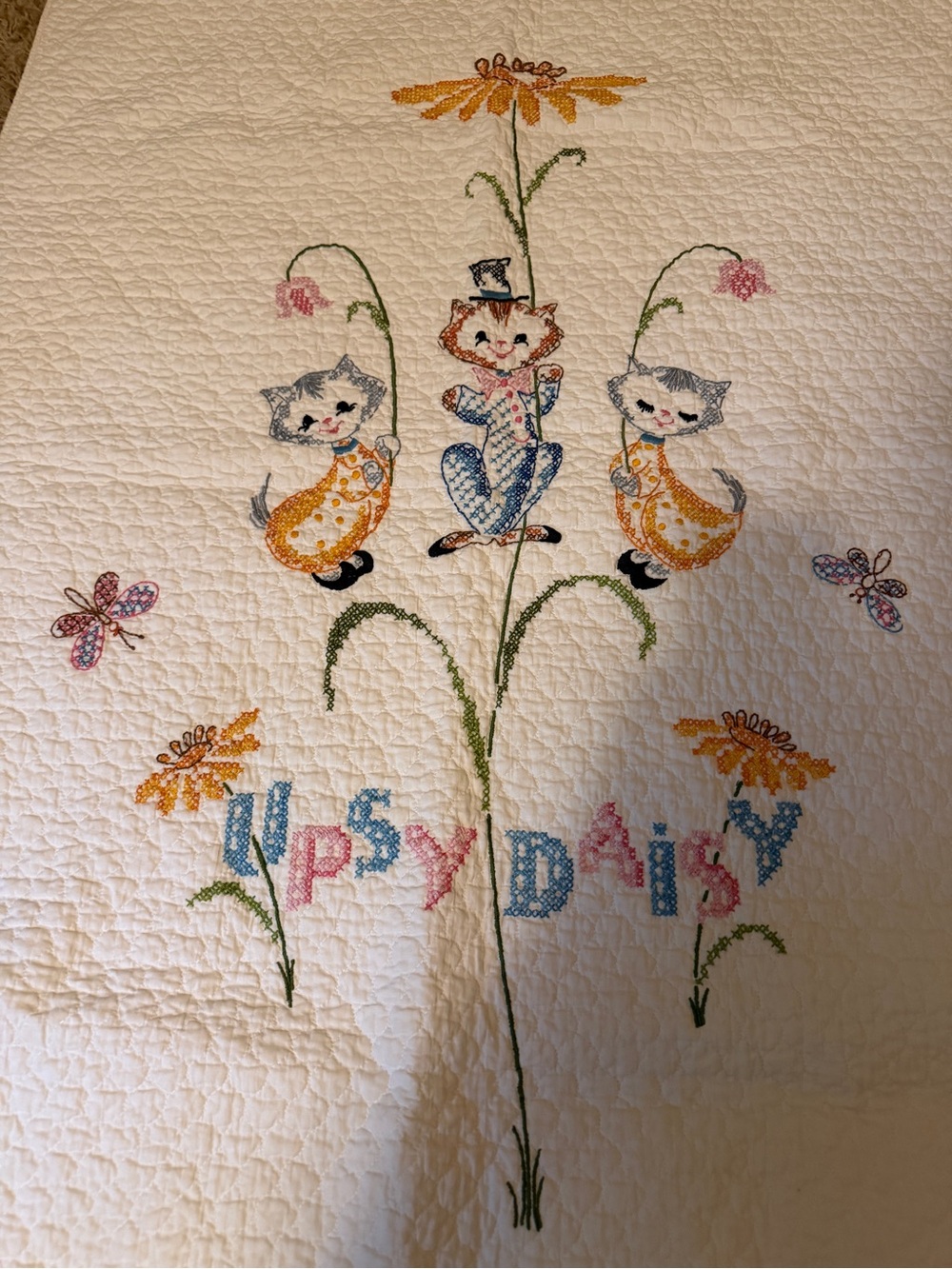 Handmade Quilt Toddler Bed Crib Blanket Cats Butterflies Daisies